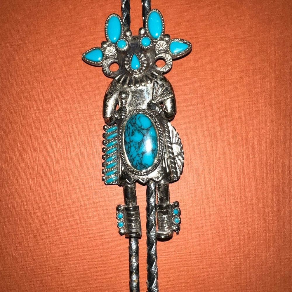 Vintage kachina Turquoise & Silver tone black braid Bolo Tie Necklace - Picture 3 of 8